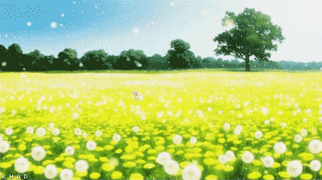 a pixel art of a field of dandelions with khad written on the bottom right