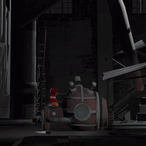 a black and white drawing of a machine with a red cylinder on top of it