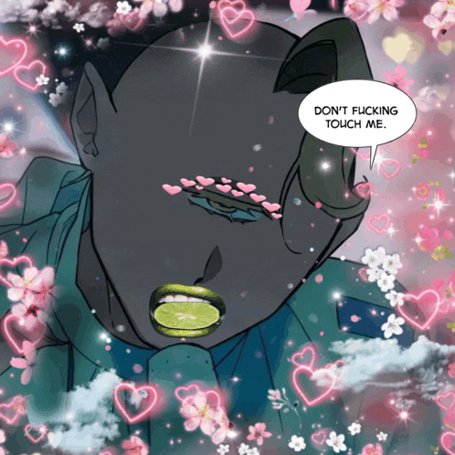 a cartoon of a man with a lime in his mouth and a speech bubble that says " don t fucking touch me "