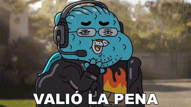a cartoon character is wearing headphones and the words valio la pena