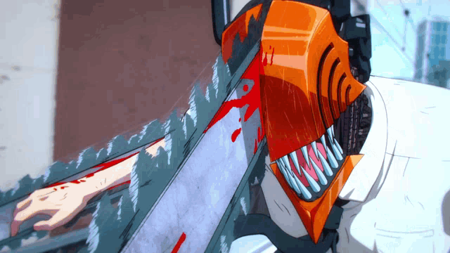 a cartoon character holding a chainsaw with blood coming out of his mouth