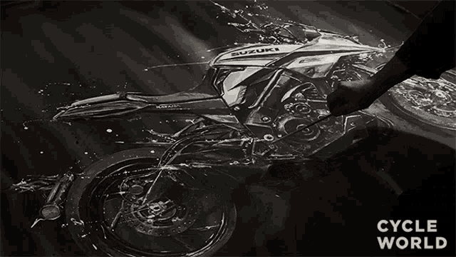 a black and white drawing of a suzuki motorcycle with cycle world written below it