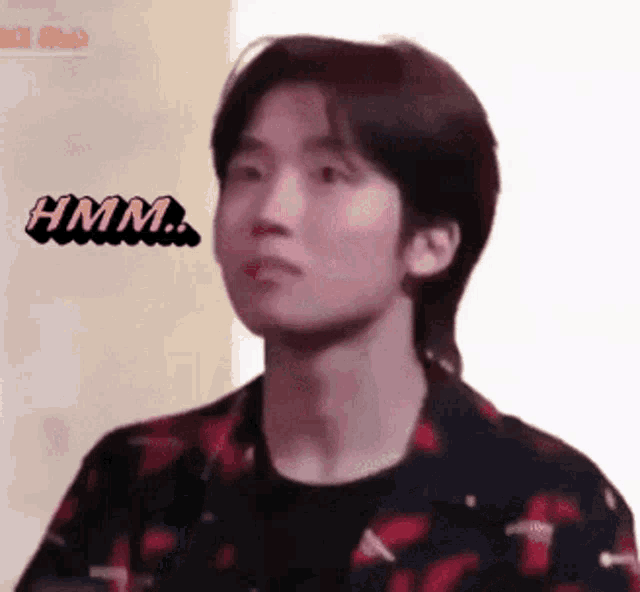 a young man in a plaid shirt is making a funny face and says hmm .