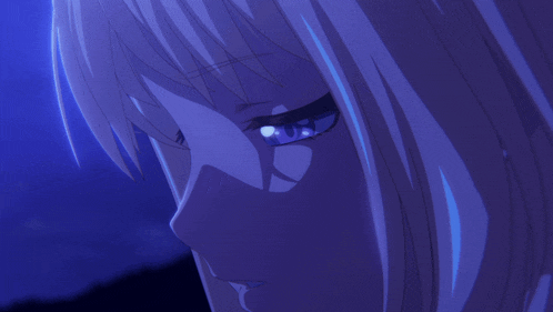 a close up of a blonde anime character with blue eyes