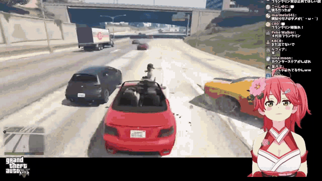 a girl in a red dress is playing grand theft auto