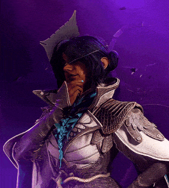 a woman in a costume with a purple background has her hand on her chin