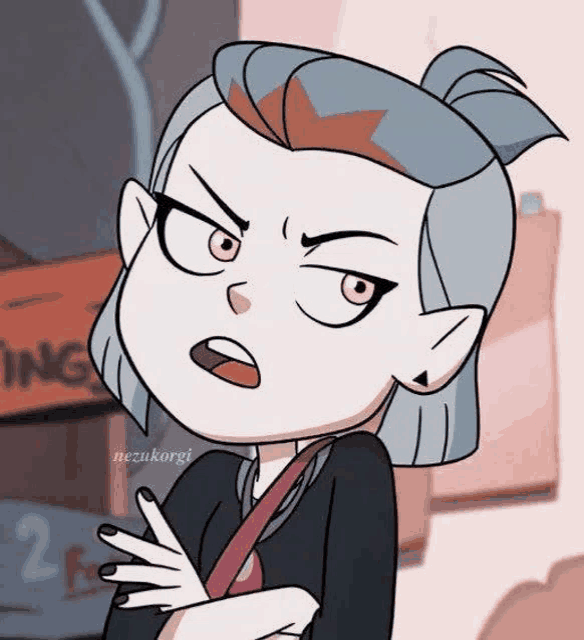 a close up of a cartoon character from the owl house with a serious look on her face .
