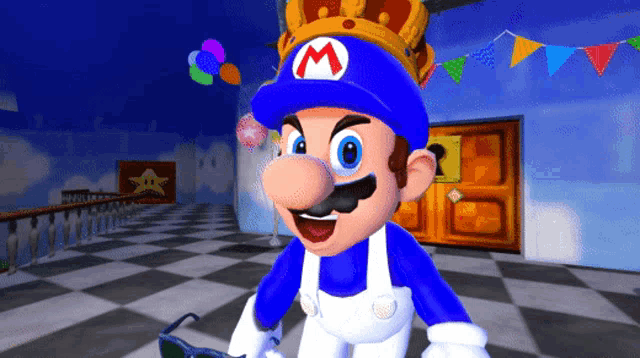 a cartoon character with a crown on his head and a m on his hat