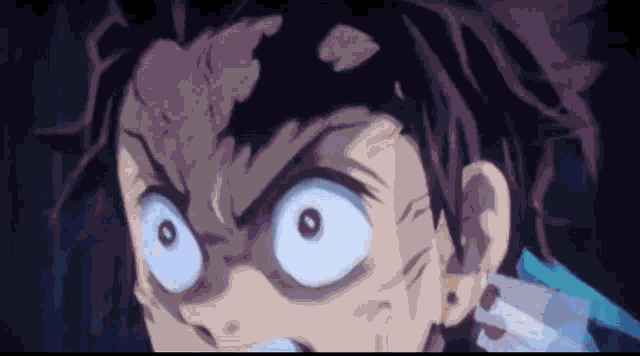 a close up of a cartoon character 's face with big eyes and a scar on his head .