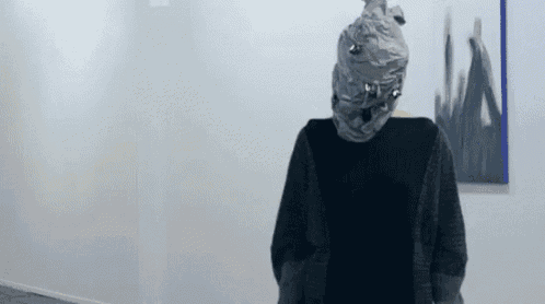 a person with a bag on their head is walking in a room