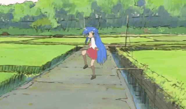 a drawing of a girl with blue hair walking down a path