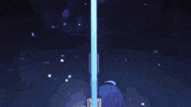 a girl is holding a large blue sword in her hand .