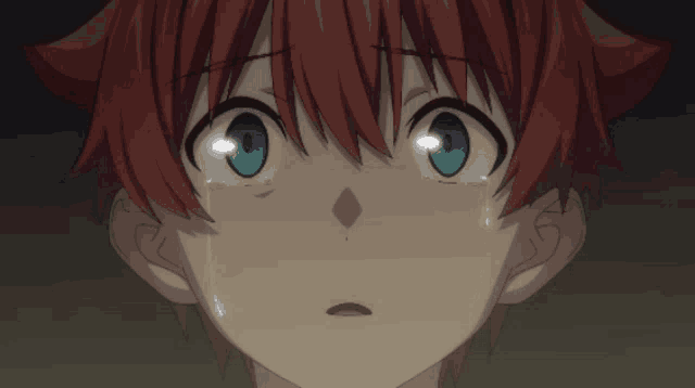 a boy with red hair and blue eyes is crying with tears running down his face