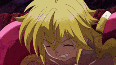 a close up of a cartoon character with blonde hair and gold armor