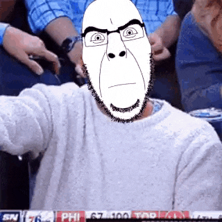 a man wearing glasses and a sweater has a cartoon face on his face