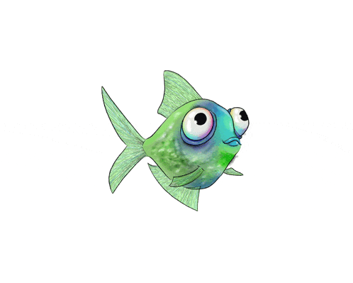 a green and blue fish with big eyes and a funny face