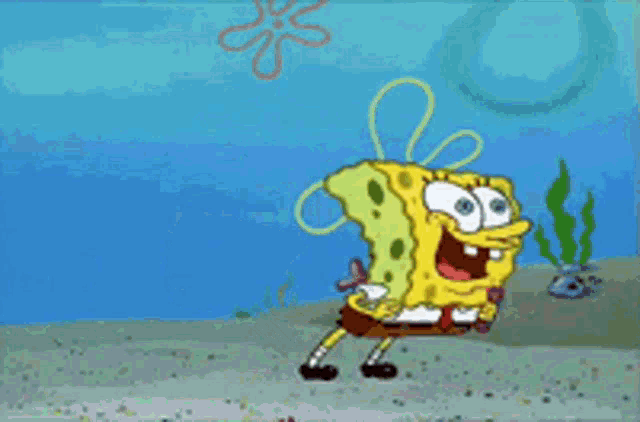 a cartoon character named spongebob is standing in the water with his mouth open