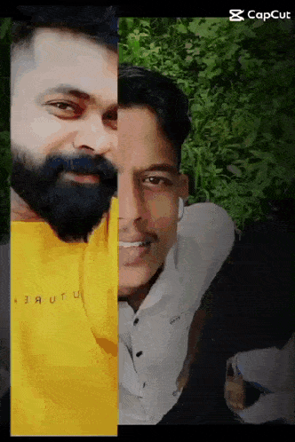 a man with a beard and a yellow shirt is standing next to another man .