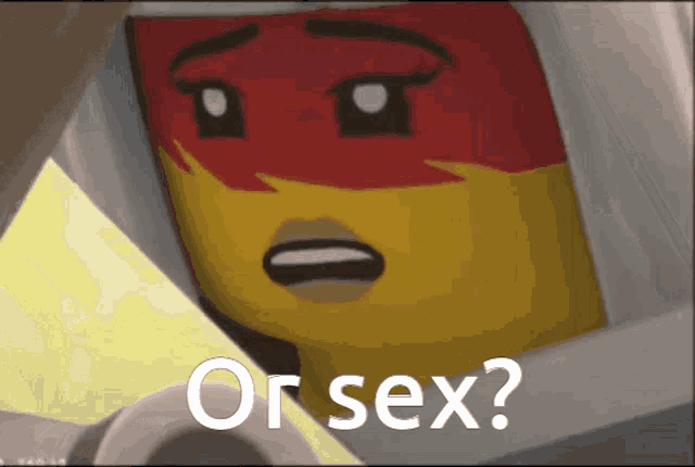 a cartoon character with a red and yellow face and the words or sex below it