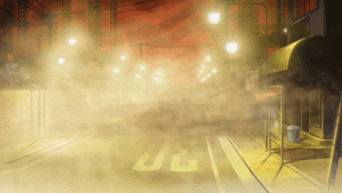 a painting of a foggy street with the letters uc painted on the road