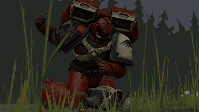a video game character is kneeling down in the grass and holding a gun