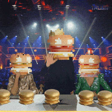 a group of people with hamburgers on their heads in front of a sign that says talent