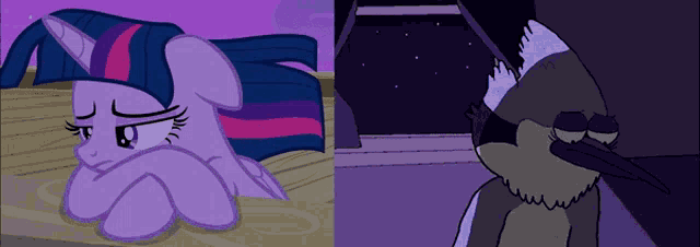 twilight sparkle from my little pony laying down next to a regular show character