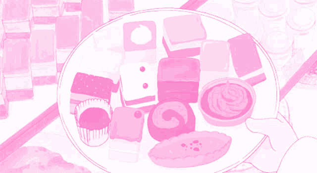 a pink and white drawing of a plate of various desserts
