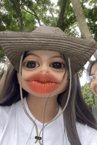 a girl wearing a straw hat with a fake mouth