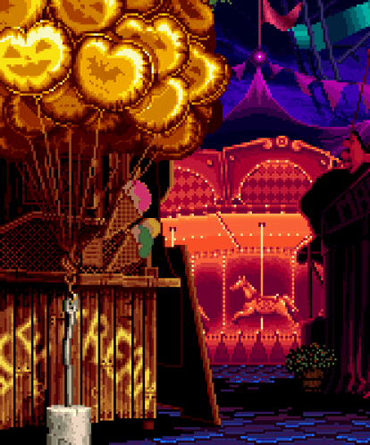 a pixel art scene with a carousel and balloons and a sign that says ' shack '