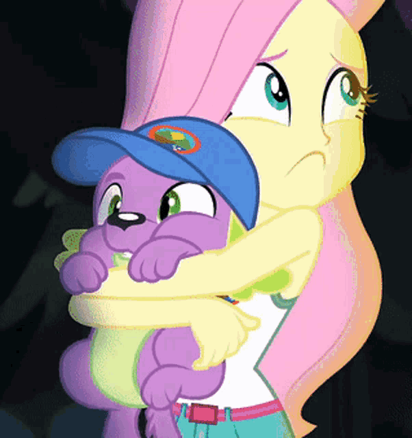 a cartoon girl is hugging a purple dog wearing a blue hat with a rainbow on it