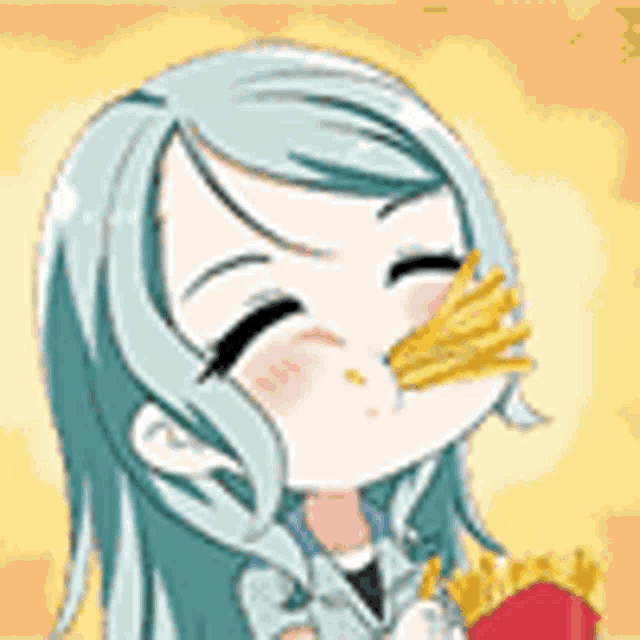a cartoon girl is eating french fries from a box .