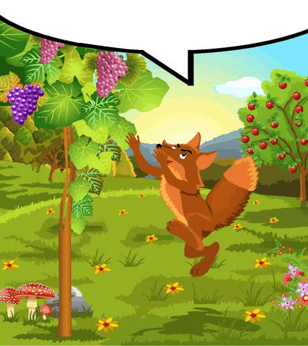 a cartoon of a fox reaching for grapes on a tree