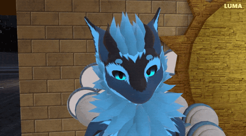 a close up of a blue and black furry animal with the name luma on the bottom right