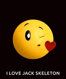 a yellow smiley face with a red heart in its mouth and the words `` i love jack skeleton '' below it .