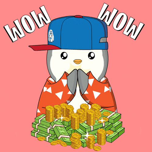 a penguin wearing a blue hat is surrounded by stacks of money and gold coins with the words wow wow above it