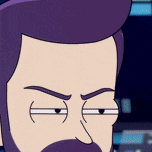 a close up of a cartoon man 's face with a beard and purple hair .
