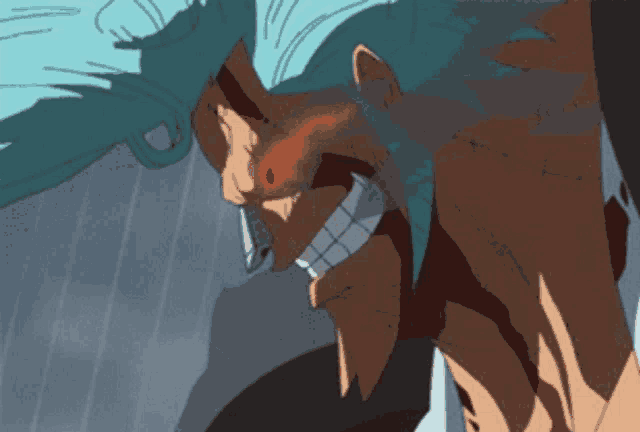 a drawing of a man with blue hair and a red eye