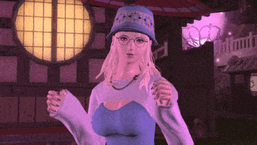 a woman wearing a blue hat and glasses stands in front of a purple building