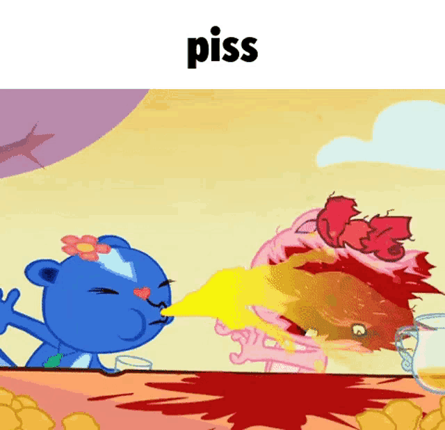 a cartoon of a blue bear blowing a yellow flame at a pink monster with the word piss above it .