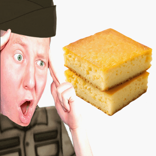 a man with a surprised look on his face is next to a stack of cornbread slices