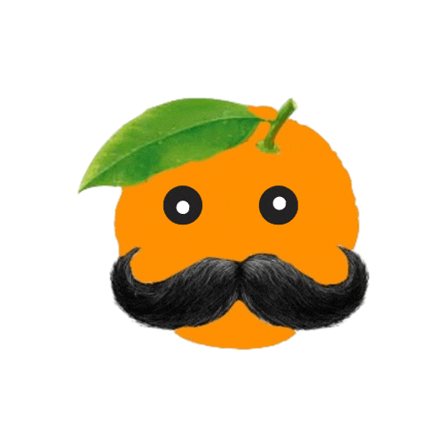 an orange with a mustache and a green leaf on top of it