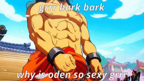 a cartoon of a man with chains around his waist says grrr bark bark why is oden so sexy
