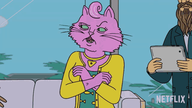 a cartoon of a woman with a pink cat on her head says what