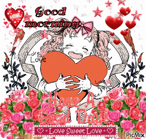 a picture of a girl hugging a heart with the words good morning love sweet love