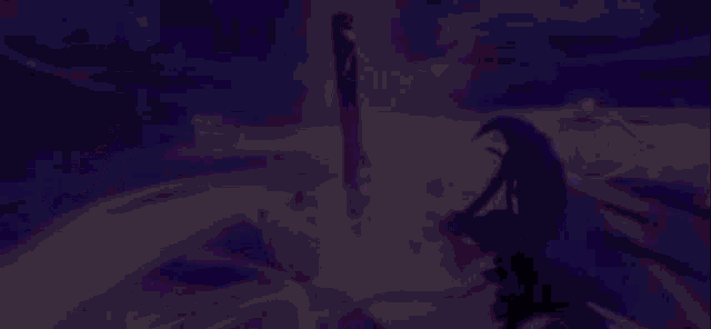 a purple background with a person holding a sword in a video game .