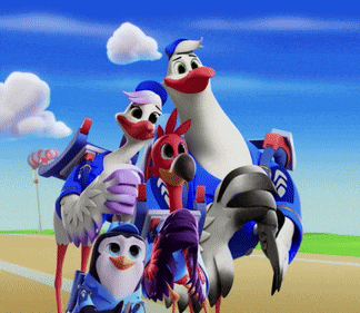 a group of cartoon birds posing for a picture with one wearing a uniform that says ' a ' on it