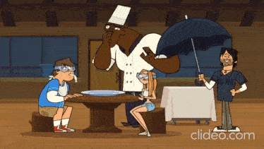 a group of cartoon characters are sitting around a table with a man holding an umbrella in the background