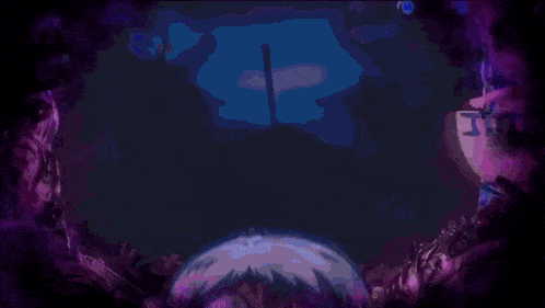 a purple background with a person 's head in the middle