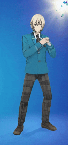 a man in a blue jacket and plaid pants is covering his eyes with his hands